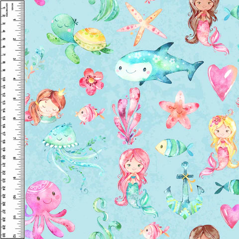 Watercolour Mermaid Sea Life Brushed Microfiber Toweling