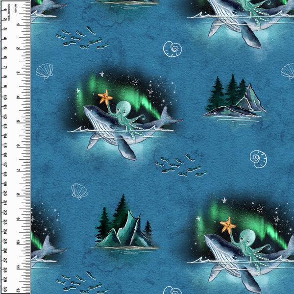 Whale Aurora on Mid Blue Brushed Microfiber Toweling